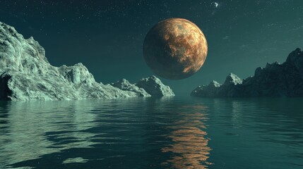 Poster - Exosolar planet rising over tranquil waters in 3D cartoon rendering