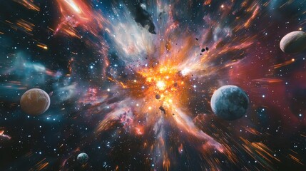 Aufkleber - 2D illustration featuring a 3D cartoon rendering A realistic star pattern background in deep interstellar space with bright flashing stars planets and moons Various creative science fiction backdr
