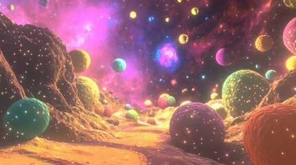 Poster - 3D cartoon rendering featuring a backdrop of vibrant nebulae ideal for projects related to the cosmos fantasy imagination art and design