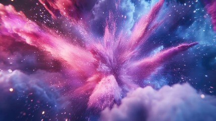 Leinwandbilder - Explosion of pink violet and blue powder in a 3D cartoon rendering Freeze motion illustration of color powder bursting