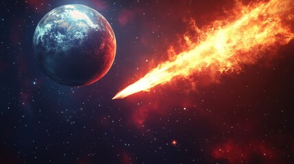 Aufkleber - Stars of a planet and galaxy in a 3D cartoon rendering within free space featuring a meteor and meteorite against a dark red and blue backdrop