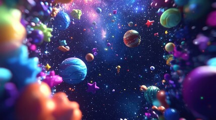 Poster - Colorful stars planets nebula and galaxies populate a 3D cartoon rendering of the universe