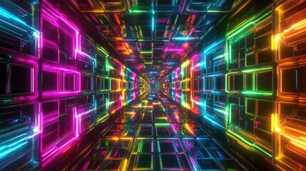 Aufkleber - Neon lights grid net cyber retro tunnel graphics illustration background in a 3D cartoon rendering showcasing a new quality futuristic vintage style cool and visually appealing stock image