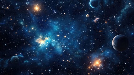Fototapete - 2D illustration featuring a 3D cartoon rendering of a deep vast space scene Bright stars planets and moons create various science fiction backdrops Space art depicting alien solar systems and dist