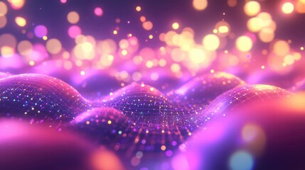 Leinwandbilder - Particles and surface grid illustrated in a 3D cartoon rendering featuring a backdrop effect of shallow depth of field and numerous glowing particles with bokeh computer generated