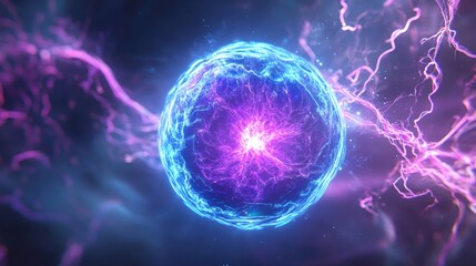 Fototapete - 3D cartoon rendering featuring a sphere ball of blue and purple energy magic circle showcasing futuristic waves and particle lines representing atomic energy and electricity Abstract background