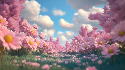 Poster - Pink flowers and garden in a 3D cartoon rendering