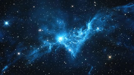Poster - Dark interstellar space in a 3D cartoon rendering A 2D illustration featuring stars in deep space and a blue cold nebula against a dark night sky