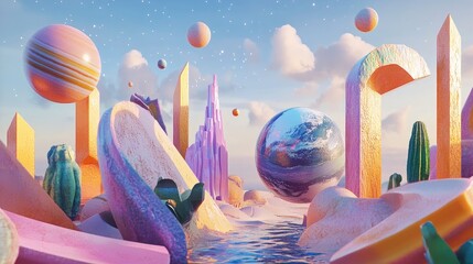 Aufkleber - 3D cartoon representation of artistic abstraction featuring the geometry of virtual space including elements like planets galaxies stars the cosmos the sea earth sunsets globes and abstract shapes