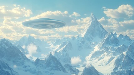 Aufkleber - UFO and space saucer flying over high mountains in a summer landscape depicted in 3D cartoon rendering showcasing an extraterrestrial invasion