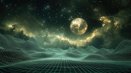 Leinwandbilder - 3D illustration of an abstract landscape featuring a starry outer space texture set against a dark background with a cyberspace grid and high tech network elements