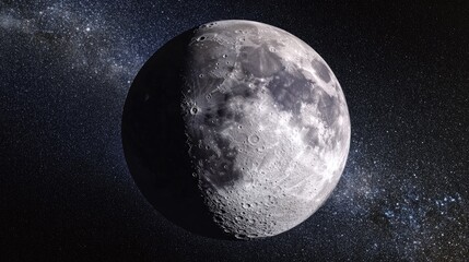 Poster - Cartoon rendering in 3D of the Moon orbiting the Earth with the Moon positioned in front