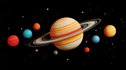 Aufkleber - 3D cartoon depiction of the planet Saturn along with its moons