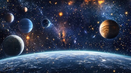 Poster - 2D illustration featuring a cartoon space background with a vast expanse of deep space Includes stars planets moons and various imaginative science fiction backdrops Space themed artwork showcasin