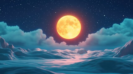 Poster - Clear night sky with a bright full moon in a 3D cartoon rendering