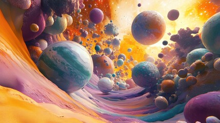 Aufkleber - 3D cartoon representation of artistic abstraction featuring the geometry of virtual space including elements like planets galaxies stars the cosmos the sea earth sunsets globes and abstract shapes