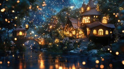 Fototapete - The beauty of night is more pronounced with the surrounding stars in a 3D cartoon rendering