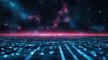 Leinwandbilder - Abstract landscape in a 3D cartoon rendering against a dark background featuring a star horizon cyberspace grid hi tech network and a starry outer space texture
