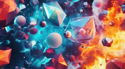 Aufkleber - Abstract geometric seamless background featuring 3D cartoon rendering of elements from cosmos flames physical phenomena and concepts in nature and medicine