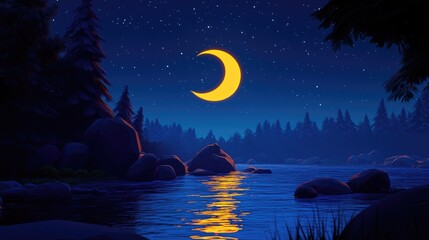 Poster - Crescent Moon Amid the Stillness of the Night in a 3D Cartoon Rendering