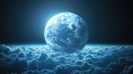 Poster - Blue planet Earth covered with clouds viewed from space in a realistic 3D cartoon rendering at a great distance