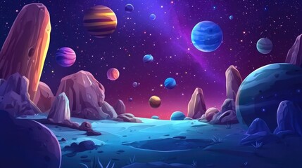 Poster - 2D illustration of a 3D cartoon rendering Cartoon image depicting deep interstellar space with stars planets and moons Various creative science fiction backdrops Imaginary cosmic scenery featuring