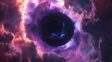 Fototapete - 3D illustration featuring a black hole surrounded by colorful stars and cloud fields showcasing a nebula in an abstract space wallpaper
