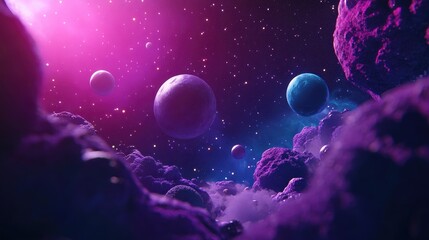 Poster - 2D illustration with a cartoon cosmos background Rendered in 3D featuring deep interstellar space with stars planets and moons Diverse science fiction creative backdrops in an imaginary cosmic set