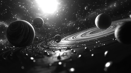 Poster - Depiction of the solar system galactic space and the universe in a 3D cartoon rendering with an abstract black and white background