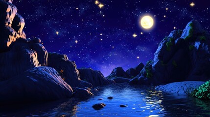 Wall Mural - Night sky captured with long exposure in 3D cartoon rendering