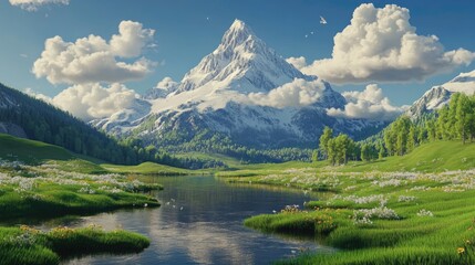 Aufkleber - Beautiful nature scenery featuring a mountain in a 3D cartoon rendering