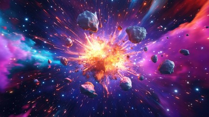 Leinwandbilder - Colorful abstract background image featuring a surreal explosion vibrant stars and asteroids in a 3D cartoon rendering of a space nebula 3D illustration