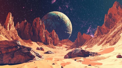 Aufkleber - 3D cartoon depiction of a desert planet resembling Mars set against a cosmic background