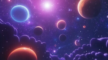 Aufkleber - 2D illustration featuring a vibrant 3D cartoon rendering of bright stars planets and moons set in a deep vast space Diverse science fiction backdrops and alien solar systems create a realistic bac