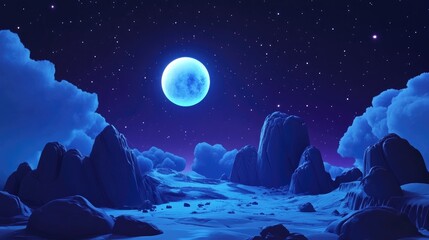 Aufkleber - Cartoon rendering of the moon in a blue night sky in 3D