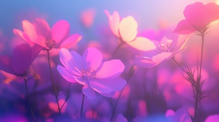 Poster - Blooming cosmos flowers in motion blur with gradient filter effect depicted in 3D cartoon rendering