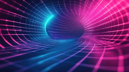 Aufkleber - Neon lights grid net cyber retro tunnel graphics illustration background in a 3D cartoon rendering showcasing a new quality futuristic vintage style cool and visually appealing stock image