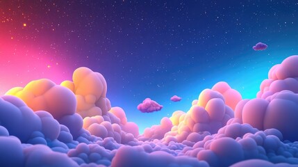 Poster - 3D cartoon depiction of clouds and a space nebula set against a starry background