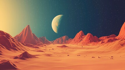 Aufkleber - 3D cartoon depiction of a desert planet resembling Mars set against a cosmic background