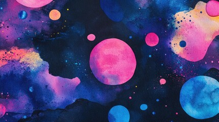Aufkleber - Vivid ink textured canvas in blue pink and purple presented through 3D cartoon rendering featuring cosmic neon watercolors on a black paper background This abstract illustration showcases a bright