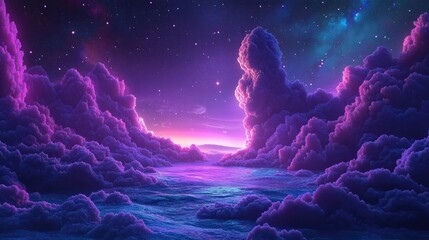 Poster - Landscape background of a fantasy alien galaxy featuring glowing clouds and stars illuminated by light in a 3D cartoon rendering