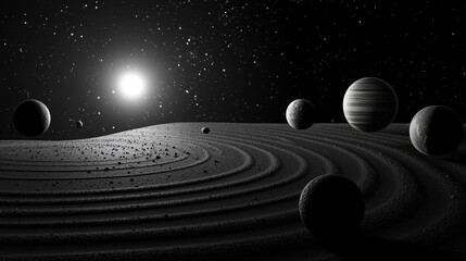 Poster - Depiction of the solar system galactic space and the universe in a 3D cartoon rendering with an abstract black and white background