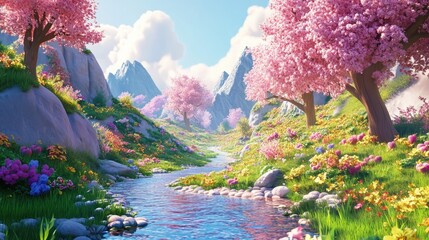 Wall Mural - Colorful fantasy landscape in 3D cartoon rendering