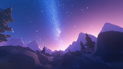Poster - 3D cartoon depiction of the Milky Way above a landscape