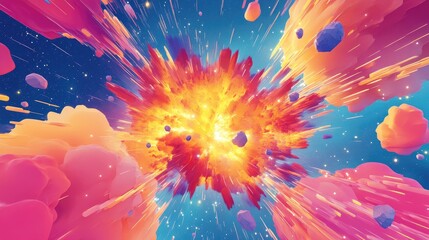 Leinwandbilder - Colorful abstract background image featuring a surreal explosion vibrant stars and asteroids in a 3D cartoon rendering of a space nebula 3D illustration