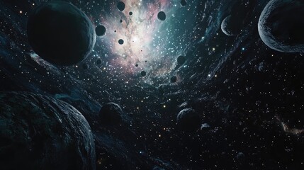 Aufkleber - 2D illustration featuring a 3D cartoon rendering of vast deep space encompassing stars planets and moons Various imaginative science fiction backdrops and alien solar systems create a realistic at