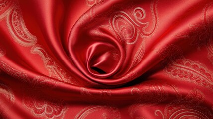 Sticker - Silk fabric in deep red with an intricate paisley pattern, highlighted by soft folds and a shimmering finish