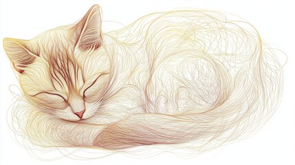 Wall Mural - simple line art of a cat curled up, delicate lines forming a cozy shape on white