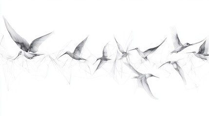 Wall Mural - simple line art of birds in flight, sweeping lines capturing movement, on a bright white background