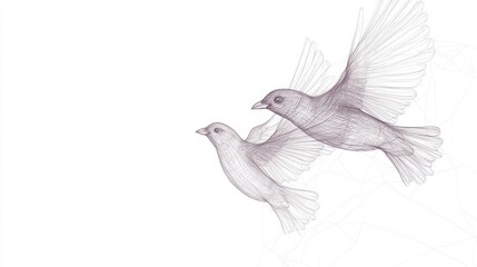 Wall Mural - simple line art of birds in flight, sweeping lines capturing movement, on a bright white background